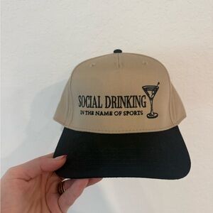 Tan and Black Cap with Social Drinking Design